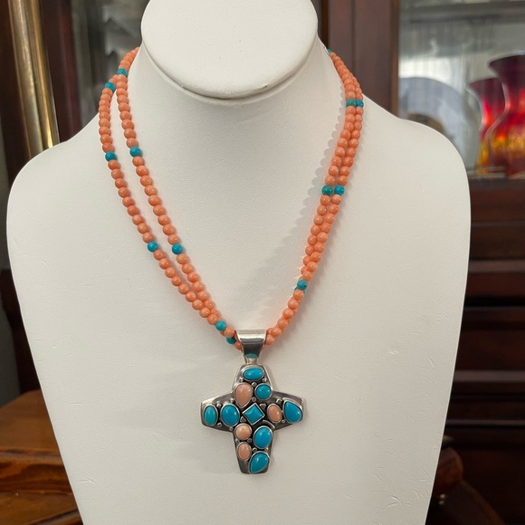 Jay King DTR turquoise coral sterling silver cross pendant necklace - Picture 3 of 11